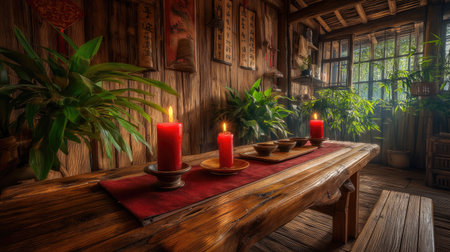 A tranquil traditional room featuring red candles on a wooden table, surrounded by lush greenery and wooden accents, creating a serene and inviting ambiance.の素材