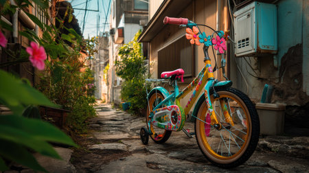 A whimsical bicycle adorned with vibrant flowers stands gracefully in a serene alleyway, bathed in warm evening light, creating a nostalgic and cheerful atmosphere.の素材