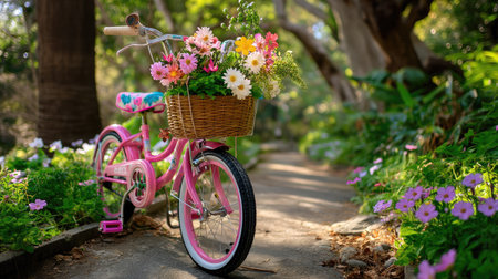 A charming vintage pink bicycle with a basket full of flowers sits on a sunlit pathway, surrounded by vibrant blooms in a peaceful garden setting.の素材