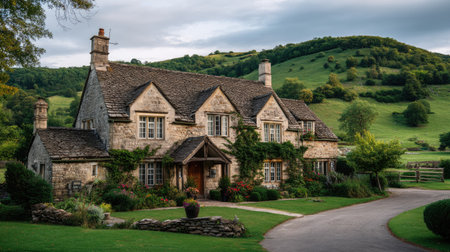 This image captures a charming stone cottage set in a beautiful countryside landscape, surrounded by vibrant gardens and rolling green hills, exuding tranquility.の素材