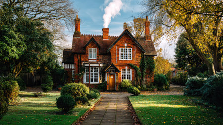 A picturesque red brick house features a chimney with smoke curling into the clear sky, surrounded by vibrant autumn trees and lush gardens.の素材
