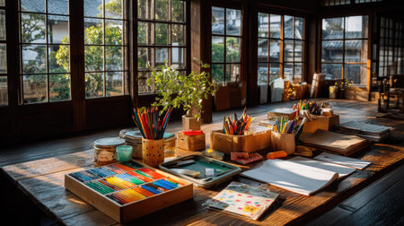 This cozy art studio features a wooden table filled with colorful art supplies and an indoor plant. Natural light pours in, creating a serene atmosphere ideal for creativity and inspiration.の素材