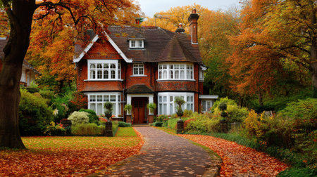 A picturesque brick house nestled in a vibrant autumn landscape, showcasing a pathway surrounded by colorful leaves and lush greenery. Perfect for capturing the essence of seasonal beauty.の素材