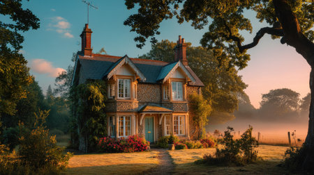 A picturesque Victorian house nestled in lush greenery, illuminated by soft morning light. The charming design highlights vintage architecture amid a tranquil landscape.の素材