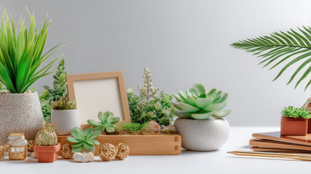 This captivating indoor plant arrangement features a variety of succulents and decorative elements, creating a serene atmosphere. The minimalistic design enhances modern aesthetics, perfect for enhancing living spaces.の素材