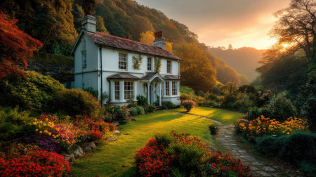 A delightful countryside home showcases stunning architecture, surrounded by vibrant gardens and blooming flowers, illuminated by the warm glow of sunset.の素材