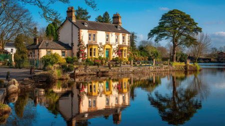 A beautiful historic house stands by a tranquil lake, reflecting its vibrant colors in the water. Surrounded by lush greenery, this picturesque scene offers peace and charm, perfect for travel and nature enthusiasts.の素材