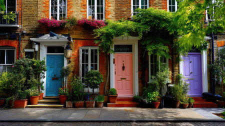 Explore a serene urban scene featuring vibrant doors adorned with lush greenery and flower pots, capturing the charm of residential architecture.の素材