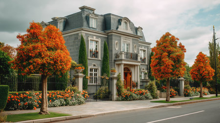 Stunning modern villa surrounded by vibrant autumn trees and a colorful flower garden, showcasing elegant architecture in a peaceful suburban setting.の素材