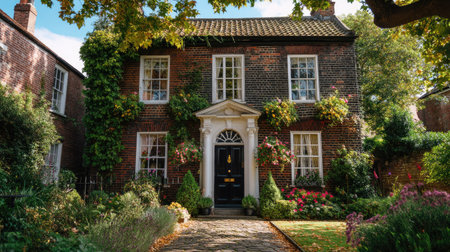 This picturesque traditional brick house features a beautifully landscaped garden filled with vibrant flowers and lush greenery, set in a sunny outdoor environment.の素材