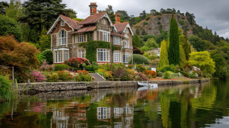 A stunning lakeside mansion sits quietly among vibrant gardens, beautifully reflected in the calm waters, creating a tranquil and picturesque landscape.の素材