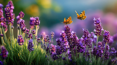 Two vibrant butterflies gracefully hover over a field of blooming lavender flowers, showcasing the beauty of nature and tranquility in a serene setting.の素材