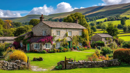 A stunning stone cottage nestled in a lush green landscape, surrounded by colorful flowers, offering a peaceful retreat in the countryside. Ideal for nature lovers.の素材