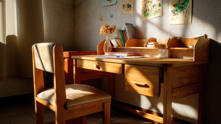 A serene wooden desk and chair are bathed in natural sunlight, creating a warm and inviting atmosphere ideal for focused work or study.の素材