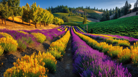 Explore a stunning view of vibrant lavender and yellow flowers stretching across rolling hills. This picturesque landscape captures the essence of nature's beauty, inviting peace and tranquility into every scene.の素材