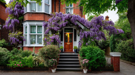 This enchanting image showcases a charming English home adorned with vibrant wisteria blooms, creating a stunning springtime scene filled with tranquility and beauty.の素材