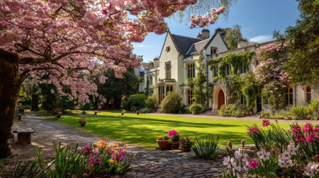 A picturesque scene featuring a vintage mansion adorned by blooming cherry blossom trees and colorful flowers, creating a serene outdoor setting perfect for relaxation.の素材