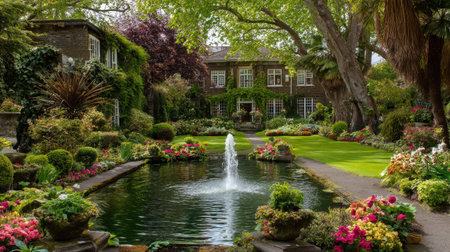 This serene garden scene features a beautiful fountain surrounded by vibrant flowers and lush greenery, creating a perfect outdoor retreat for relaxation.の素材