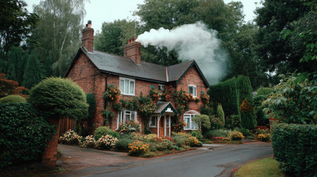 A picturesque red brick house nestled in a serene neighborhood, adorned with vibrant flowers and greenery, featuring smoke gently rising from its chimney.の素材