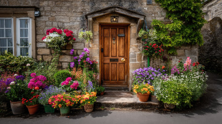 A beautifully adorned cottage entrance showcases a rich wooden door framed by an array of colorful flower pots, creating a welcoming atmosphere.の素材