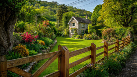 A picturesque country house set in a lush landscape, surrounded by vibrant flowers and a beautifully manicured lawn, inviting tranquility and charm.の素材