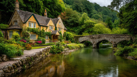 This captivating image showcases a charming countryside home beside a serene river, enhanced by a traditional stone bridge and vibrant flora, inviting tranquility.の素材
