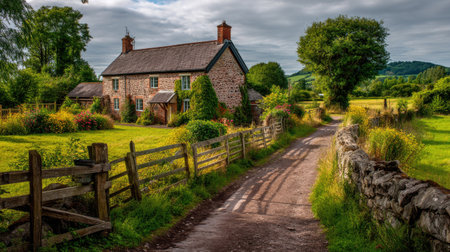 A charming countryside cottage set amidst vibrant green fields and a rustic pathway, showcasing a peaceful rural landscape under a dreamy sky.の素材