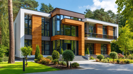 A stunning modern house showcases architectural excellence with its wooden accents, large windows, and beautiful landscaping. The contemporary design enjoys a blend of nature and luxury.の素材