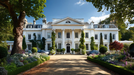 This stunning white mansion features a grand facade surrounded by vibrant gardens and a beautifully landscaped driveway, offering a serene and inviting atmosphere.の素材