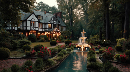 This captivating image showcases an elegant manor house nestled in a picturesque setting, featuring a serene water fountain and lush gardens.の素材