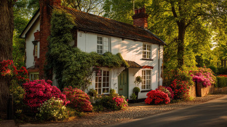 A picturesque cottage nestled in a serene countryside, adorned with vibrant flowers and lush greenery, radiating warmth and charm under soft sunlight.の素材