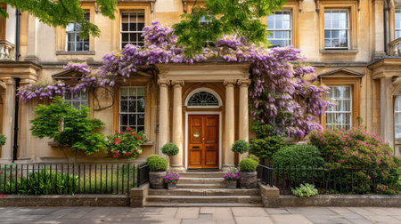 This stunning image showcases an elegant classical building adorned with blooming wisteria flowers, lush greenery, and a welcoming front entrance.の素材