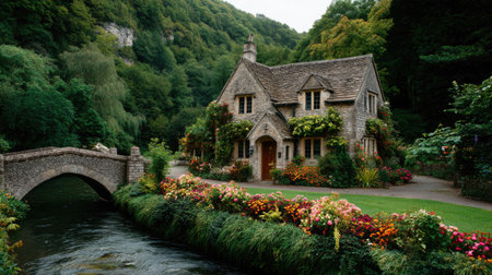Charming cottage by a tranquil river, embraced by lush trees and vibrant flowers in an idyllic countryside setting, perfect for relaxation and escape.の素材