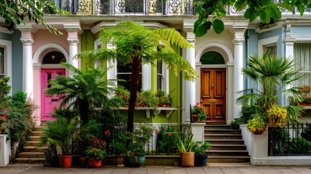 This vibrant image features two charming houses with colorful facades adorned with lush green plants and flowers, creating a welcoming urban scene.の素材