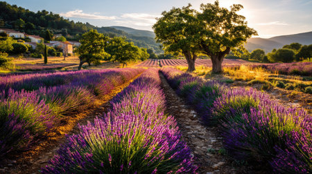 A captivating scene of lavender fields at sunset, showcasing vibrant purple flowers under a golden sky. The tranquil landscape invites relaxation and appreciation for nature's beauty.の素材