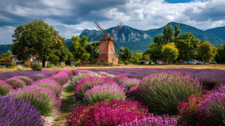 This stunning photograph captures a vibrant lavender field in full bloom beside a traditional windmill with majestic mountains in the background.の素材