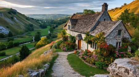 A beautiful stone cottage nestled in lush greenery with vibrant flowers, hills, and a winding river, offering a picturesque escape to nature's tranquility.の素材