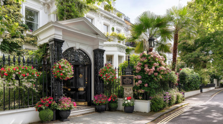 This striking image features an elegant entrance to a luxury residence adorned with vibrant flowers, lush plants, and inviting pathways, capturing a tranquil atmosphere.の素材