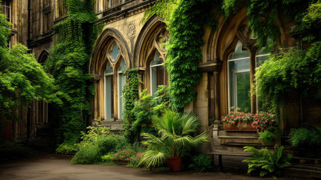 A picturesque courtyard featuring vibrant greenery and historic architecture, showcasing intricate stonework and lush plants, ideal for nature lovers.の素材