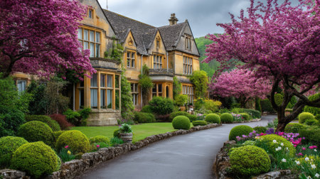 A beautiful historic house nestled amidst blooming cherry trees and vibrant gardens, creating a serene and inviting atmosphere on a cloudy day.の素材