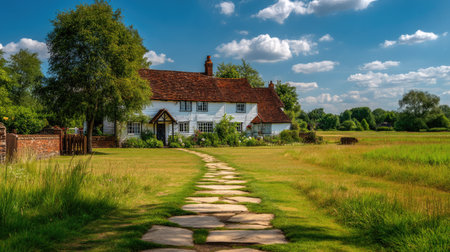 Experience the serene beauty of a charming English country house, surrounded by lush green fields and a scenic stone pathway under a bright blue sky.の素材
