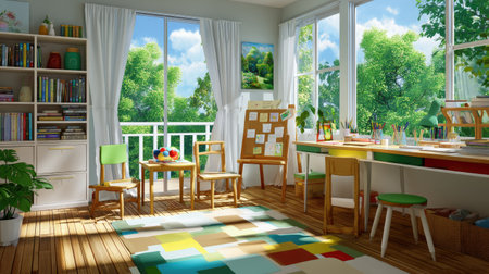 A bright and inviting classroom filled with natural light showcases a cozy learning environment. Featuring wooden furniture, colorful decor, and scenic views of greenery outside, this space inspires creativity and engagement.の素材
