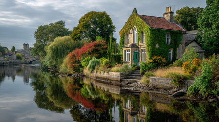 This tranquil riverside setting showcases a charming ivy-covered house surrounded by vibrant greenery, reflecting beautifully in the calm water.の素材