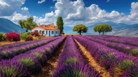 A picturesque scene showcasing blooming lavender fields in vibrant purple hues with a charming cottage nestled against a backdrop of majestic mountains and blue skies.の素材