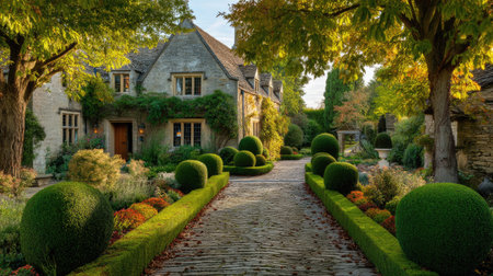 A stunning stone house nestled among vibrant gardens, featuring meticulously shaped greenery and a charming pathway, captured in soft autumn light.の素材