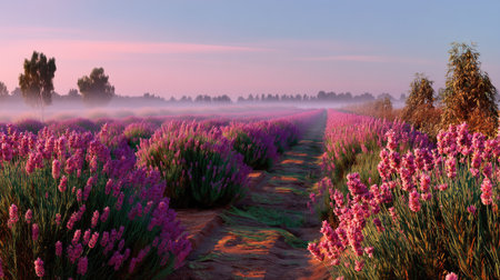 This stunning image captures the tranquil beauty of a lavender field at sunrise, with vibrant pink flowers and a gentle mist creating a serene atmosphere.の素材
