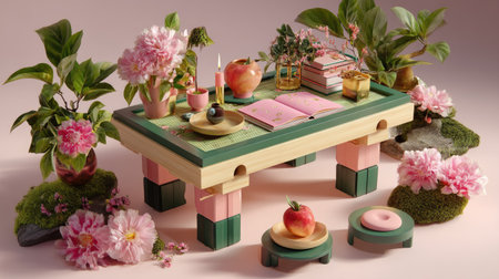 Captivating table arrangement featuring fresh flowers, decorative fruits, and artistic elements, perfect for inspiring creative interior design ideas.の素材