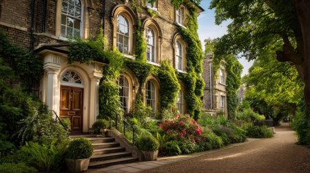 A picturesque historic house is embraced by lush greenery and vibrant flowers, creating a serene outdoor scene filled with charm and beauty, perfect for nature lovers.の素材