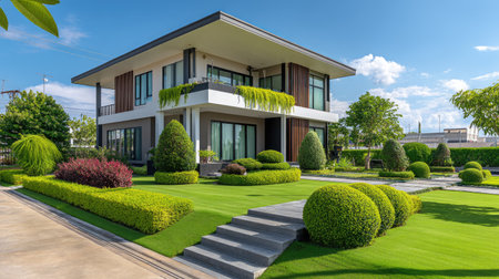 A stunning modern house features a beautifully landscaped garden surrounded by manicured lawns and lush greenery under a bright blue sky, showcasing contemporary design.の素材