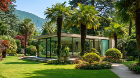 This stunning image features a modern glass house surrounded by vibrant tropical plants and a beautifully manicured garden, set against a scenic mountain backdrop.の素材